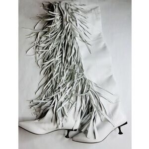 BNWT  Sergio Rossi White Leather Fringed Over the Knee Kitten Heel Boots 37 1/2